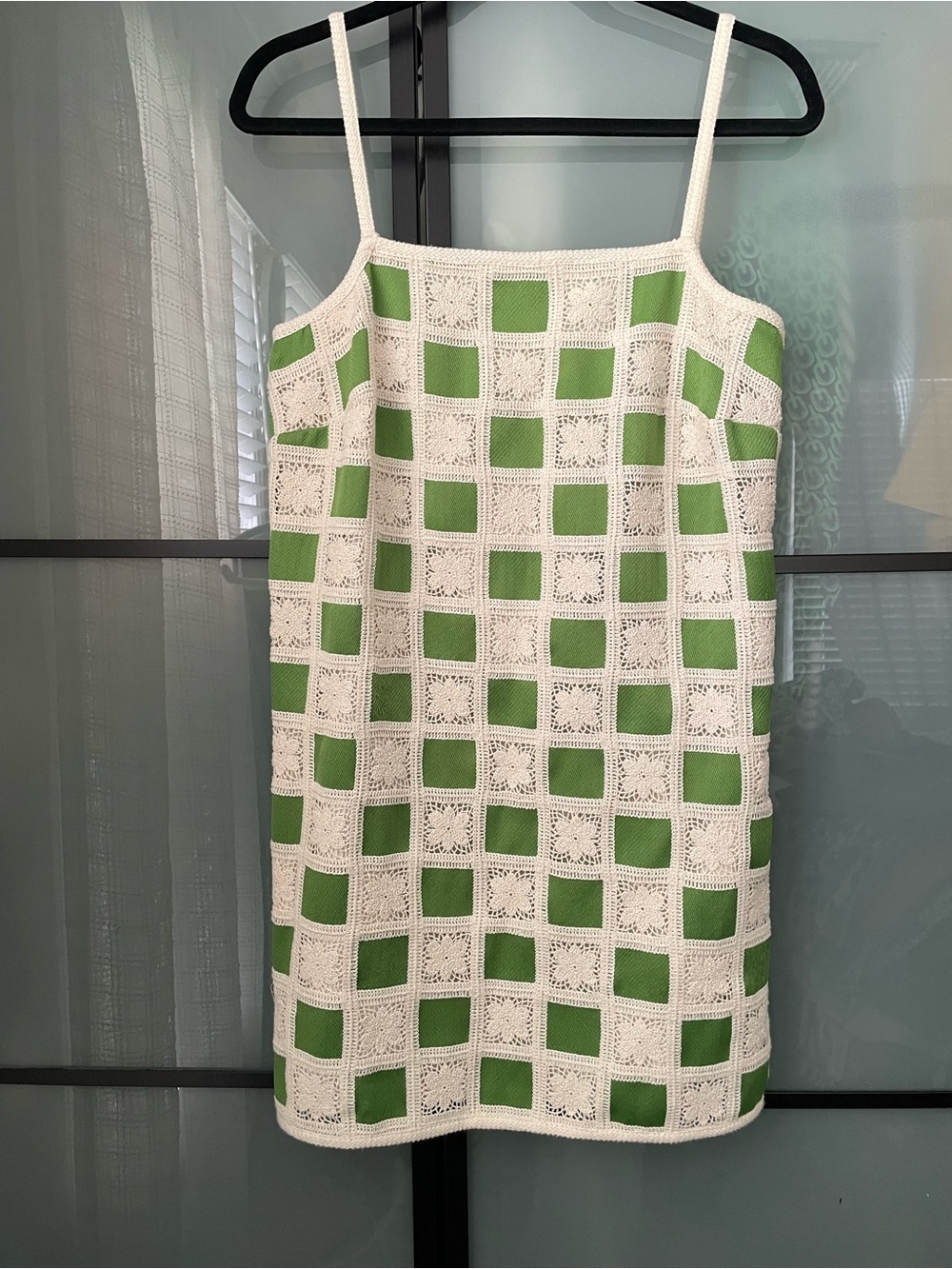 Crochet Check Mini Dress in Green and White